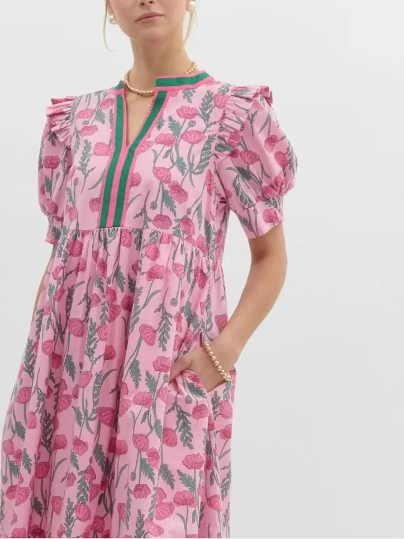 Floral Puff Sleeve Midi ruffed Dress with Contrast Trim - Grace Beauty H&C 