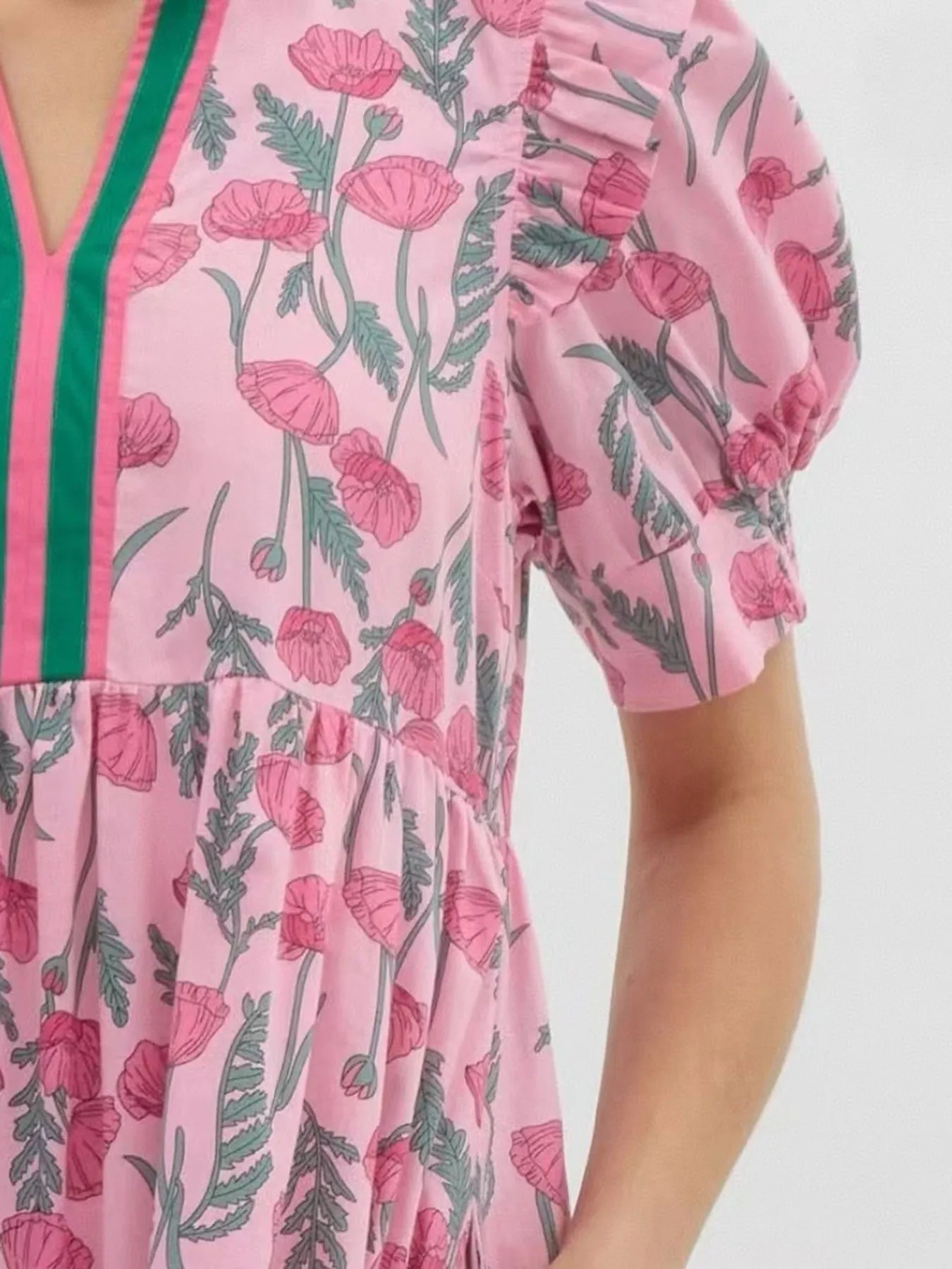 Floral Puff Sleeve Midi ruffed Dress with Contrast Trim - Grace Beauty H&C 