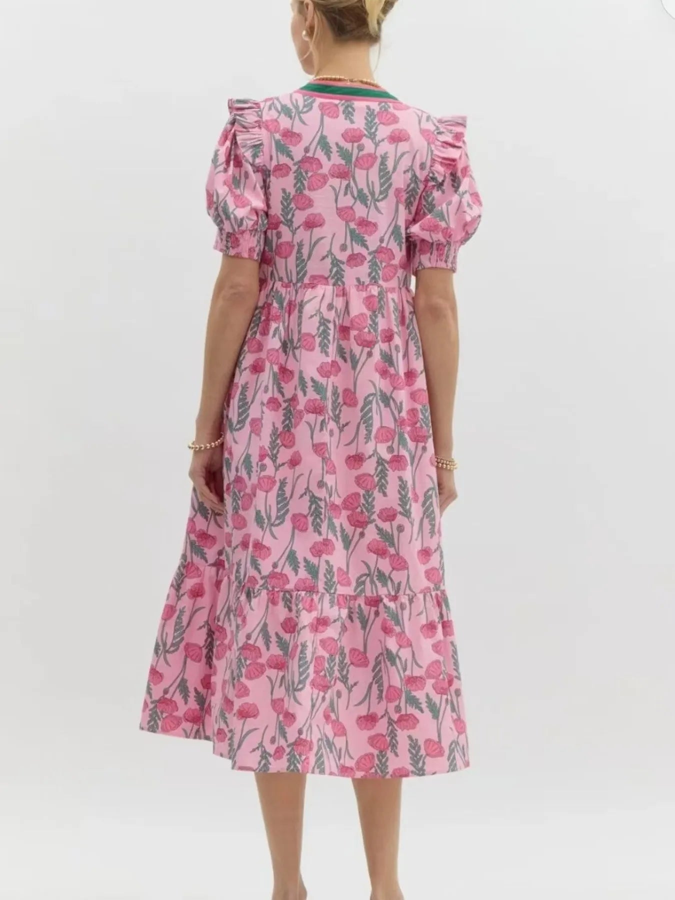 Floral Puff Sleeve Midi ruffed Dress with Contrast Trim - Grace Beauty H&C 