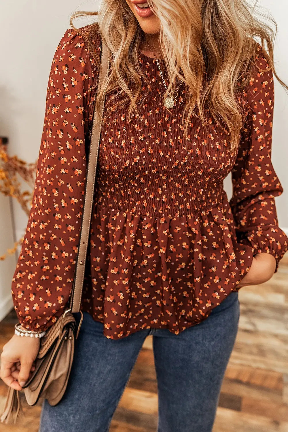 Floral Smocked Ruffle Hem Long Sleeve Blouse - Grace Beauty H&C 