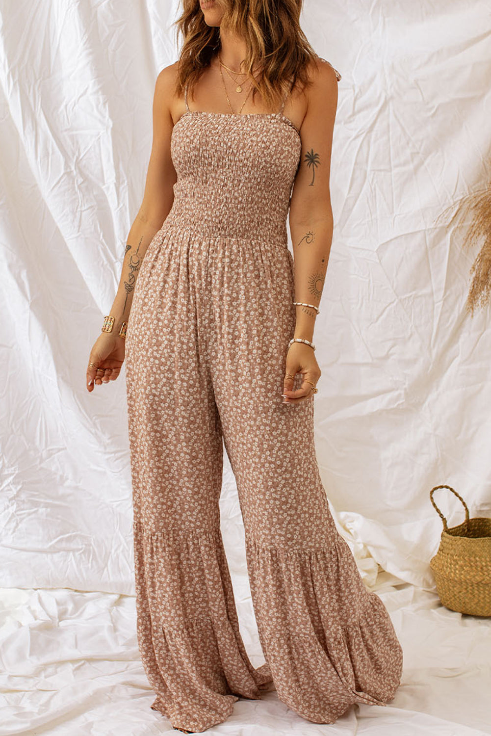 Floral Spaghetti Strap Smocked Wide Leg Jumpsuit - Grace Beauty H&C 
