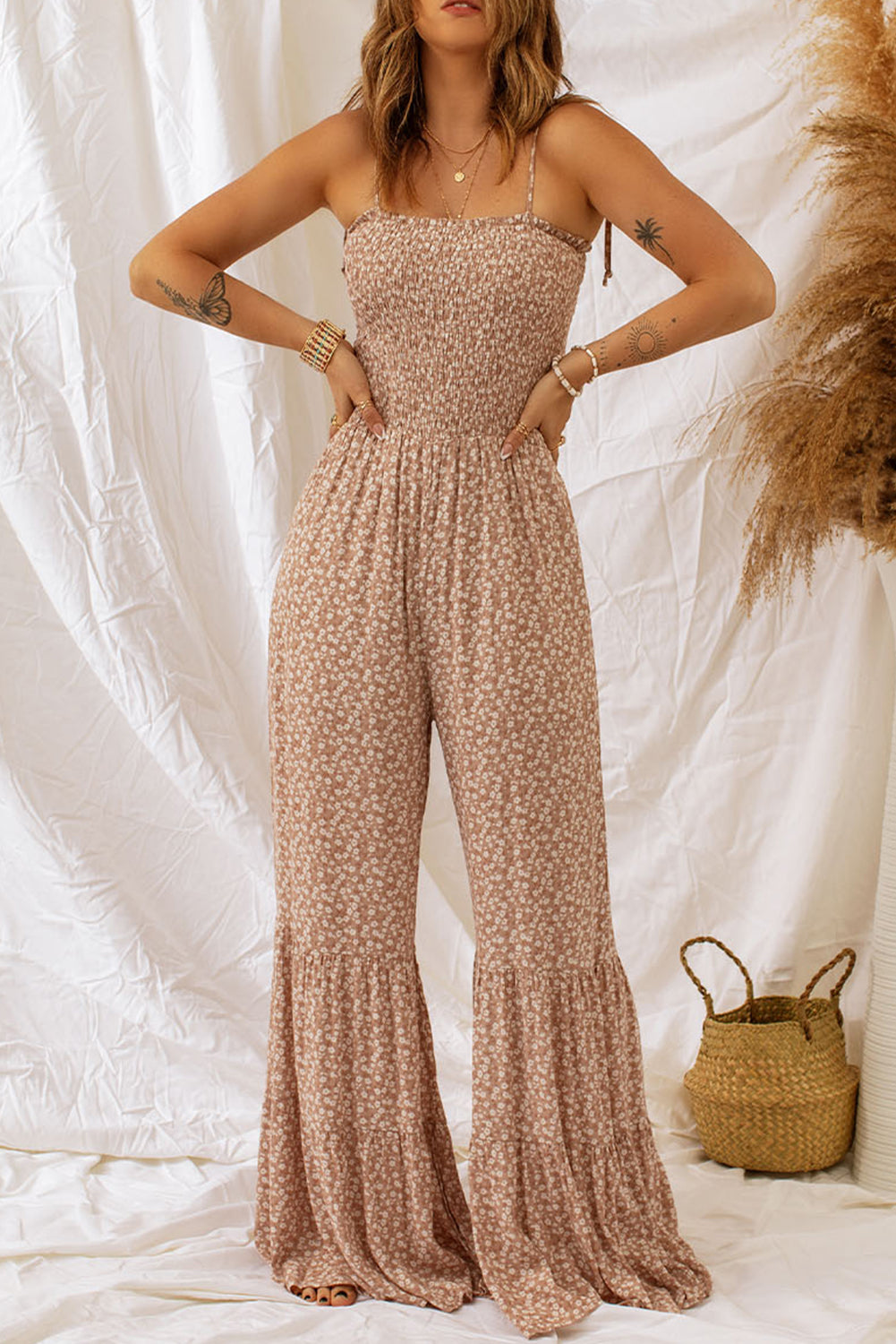 Floral Spaghetti Strap Smocked Wide Leg Jumpsuit - Grace Beauty H&C 