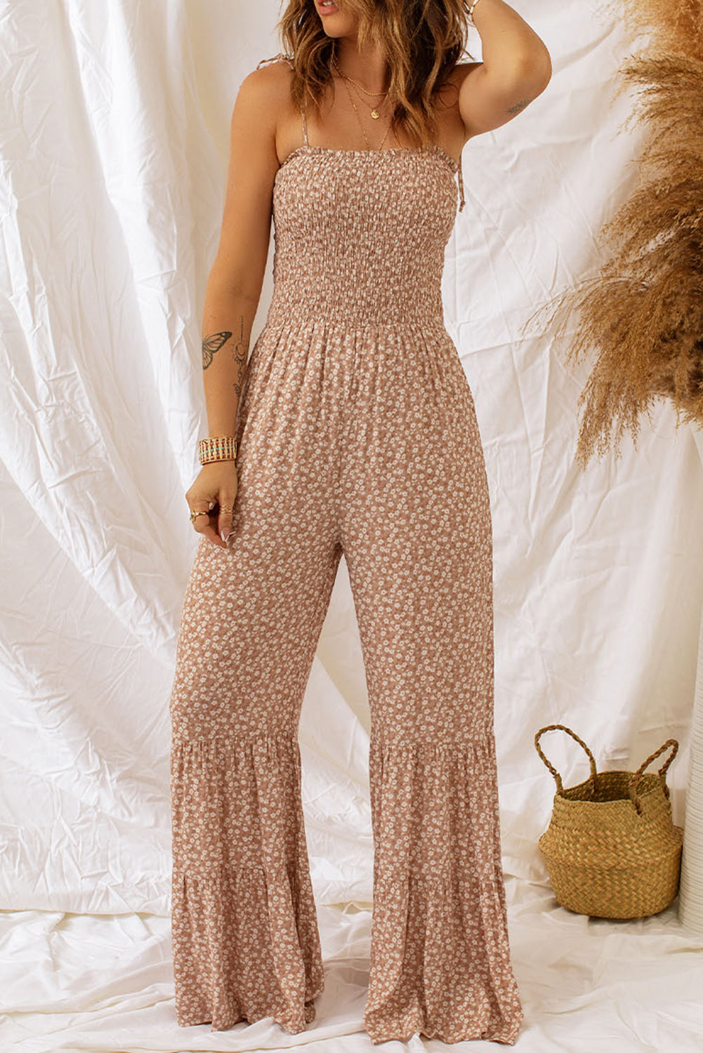 Floral Spaghetti Strap Smocked Wide Leg Jumpsuit - Grace Beauty H&C 