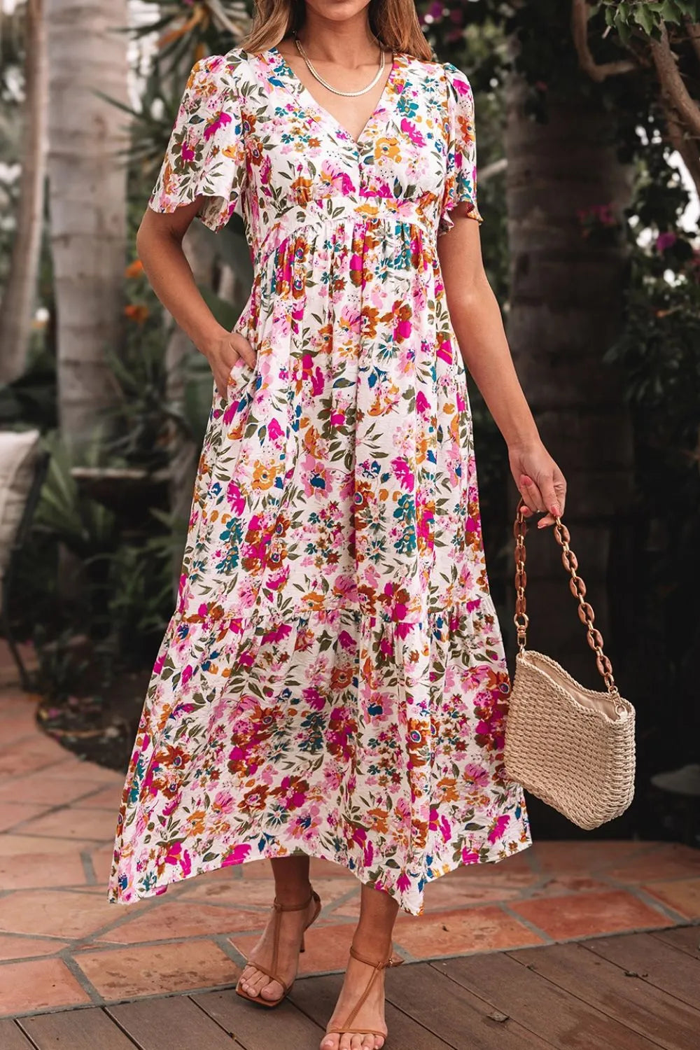 Floral V-Neck Dress with Pockets – Casual Short Sleeve Summer Fashion - Grace Beauty H&C 