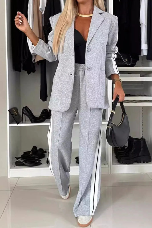 Full Size Two-Piece Pants Set – Contrast Lapel Collar Top & Matching Trousers - Grace Beauty H&C 