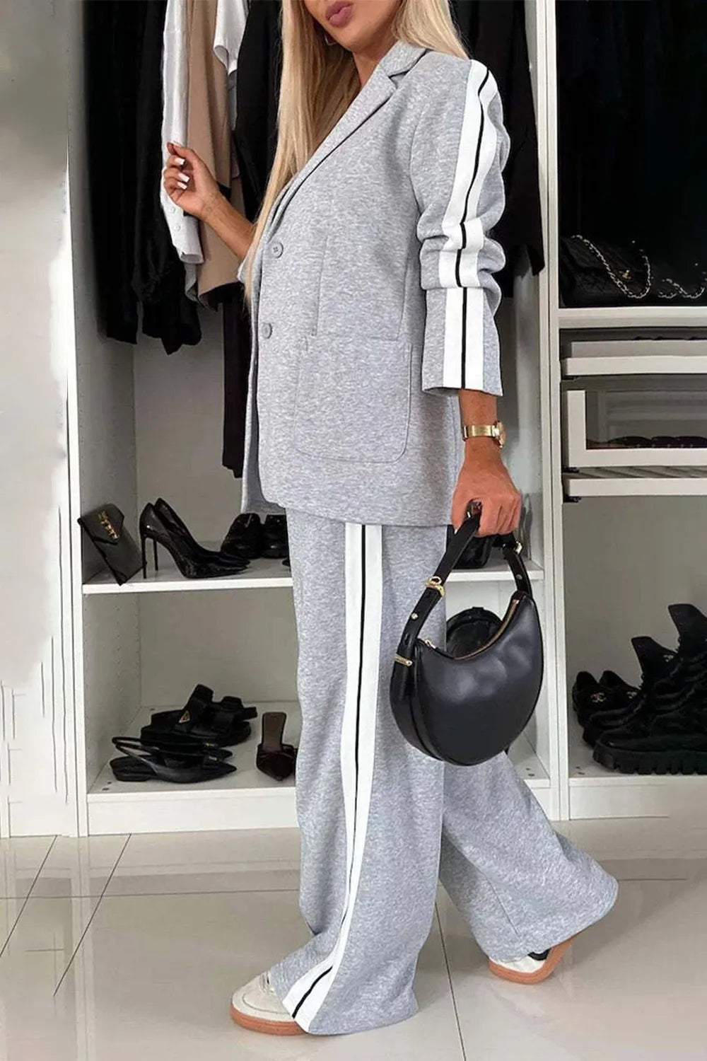 Full Size Two-Piece Pants Set – Contrast Lapel Collar Top & Matching Trousers - Grace Beauty H&C 