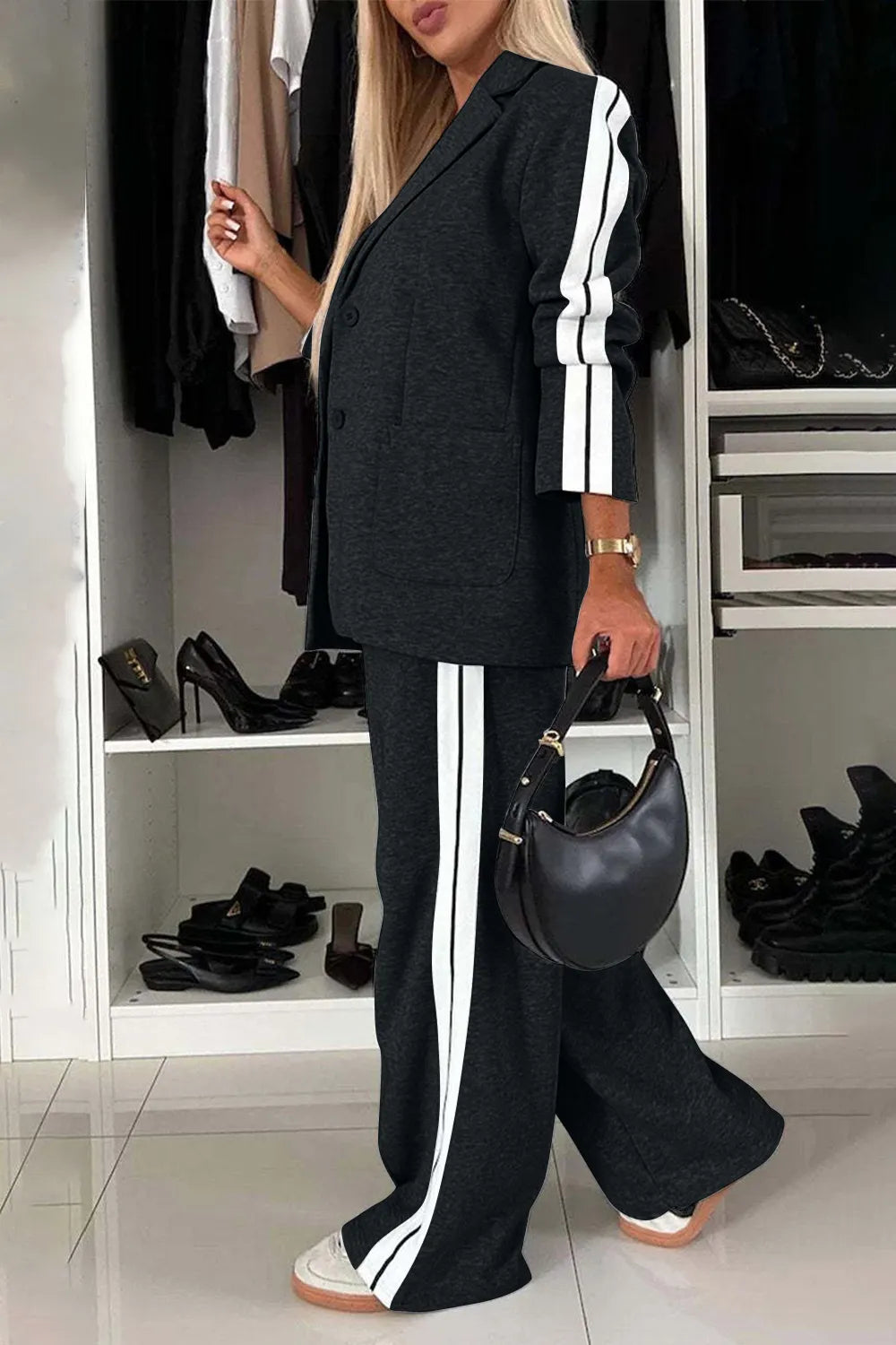 Full Size Two-Piece Pants Set – Contrast Lapel Collar Top & Matching Trousers - Grace Beauty H&C 