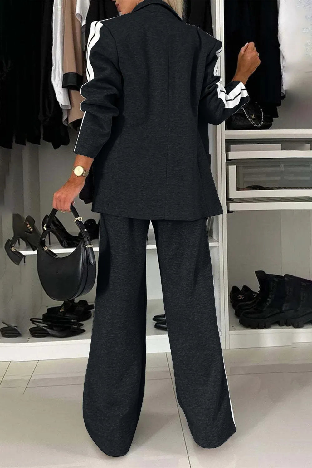 Full Size Two-Piece Pants Set – Contrast Lapel Collar Top & Matching Trousers - Grace Beauty H&C 
