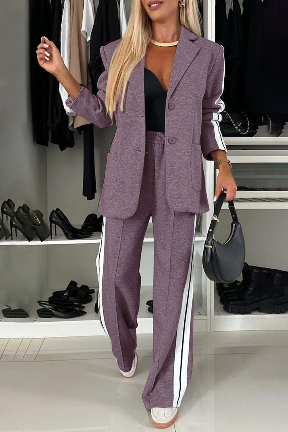 Full Size Two-Piece Pants Set – Contrast Lapel Collar Top & Matching Trousers - Grace Beauty H&C 