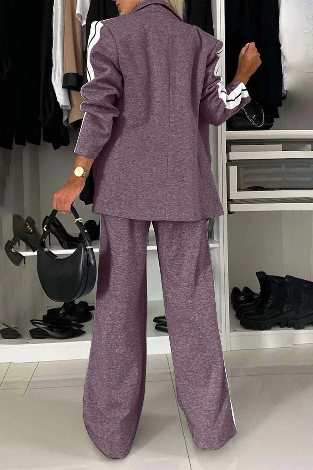 Full Size Two-Piece Pants Set – Contrast Lapel Collar Top & Matching Trousers - Grace Beauty H&C 