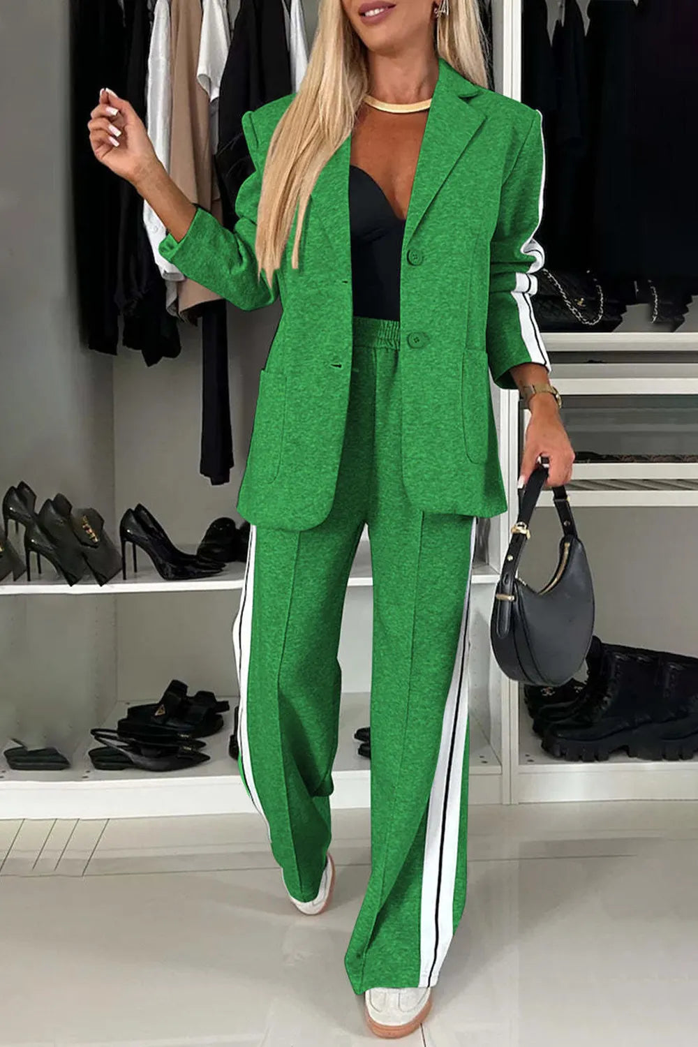 Full Size Two-Piece Pants Set – Contrast Lapel Collar Top & Matching Trousers - Grace Beauty H&C 