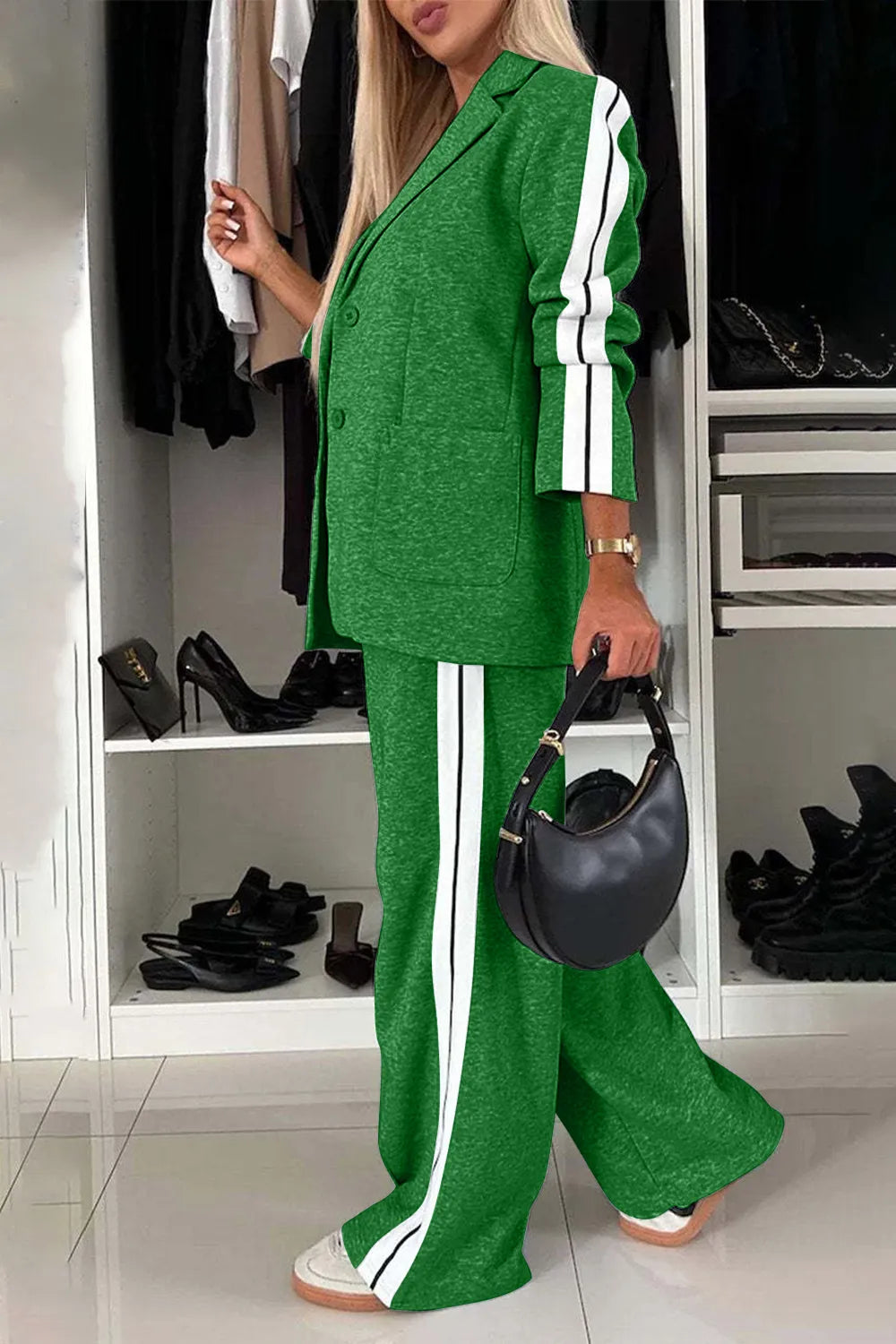 Full Size Two-Piece Pants Set – Contrast Lapel Collar Top & Matching Trousers - Grace Beauty H&C 