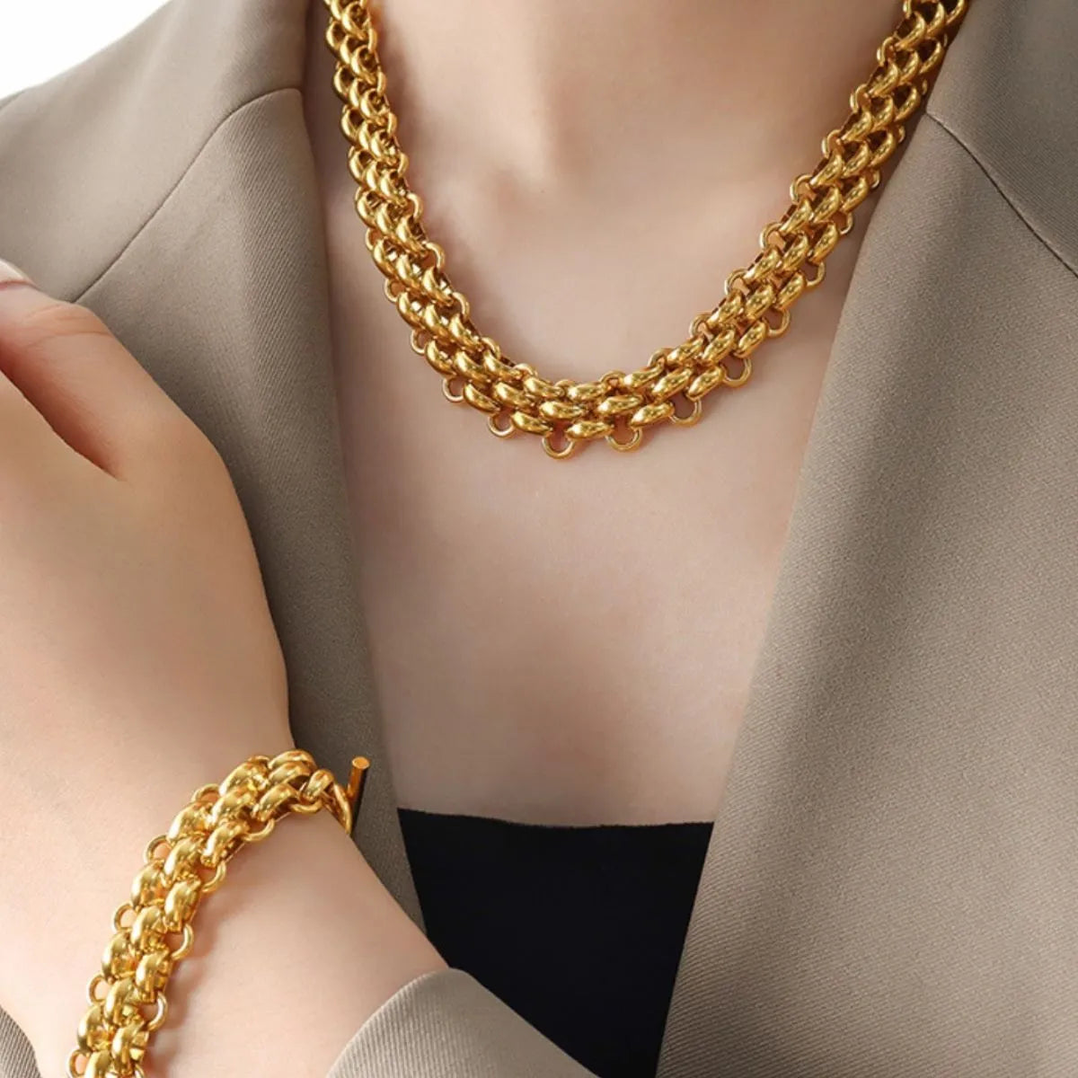 Gold Chain Link Jewelry Set with Necklace and Bracelet - Grace Beauty H&C 