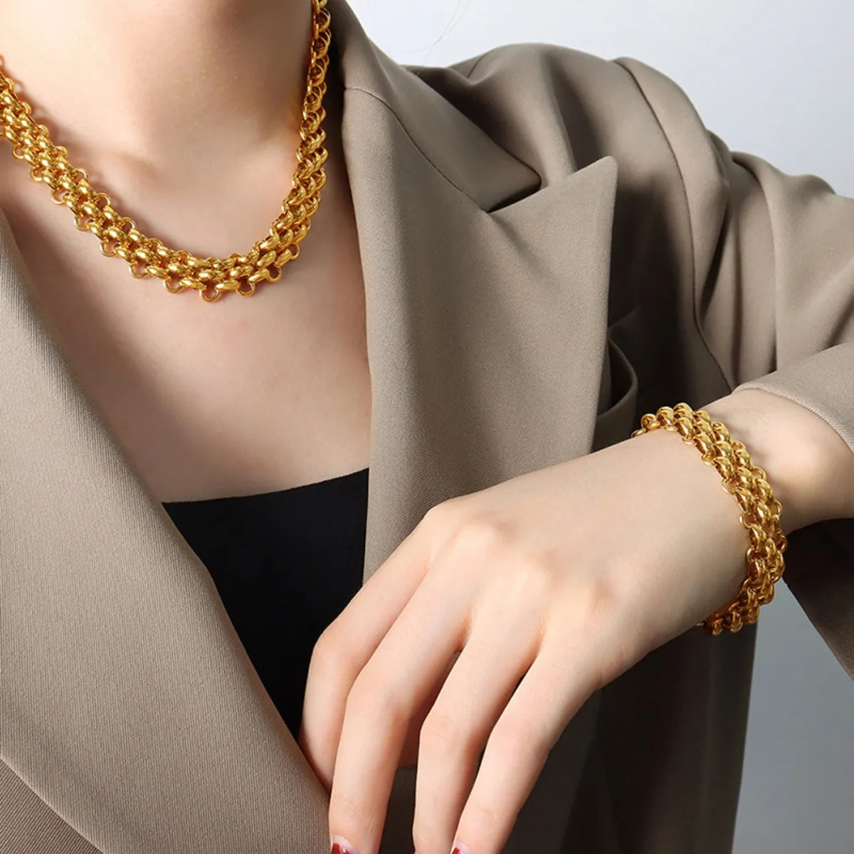 Gold Chain Link Jewelry Set with Necklace and Bracelet - Grace Beauty H&C 