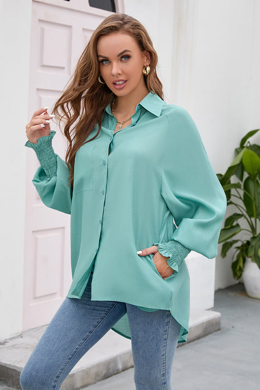 High-Low Collared Neck Lantern Sleeve Shirt - Grace Beauty H&C 