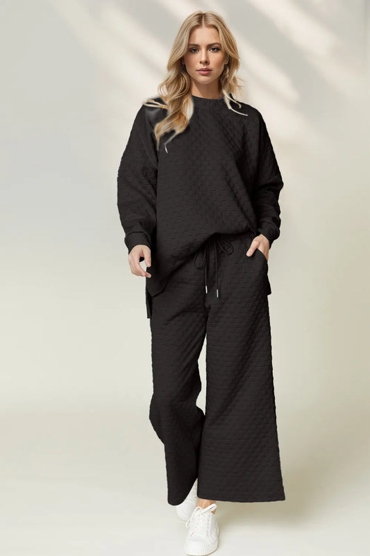 High-Low Round Neck Top and Wide Leg Pants Set - Grace Beauty H&C 