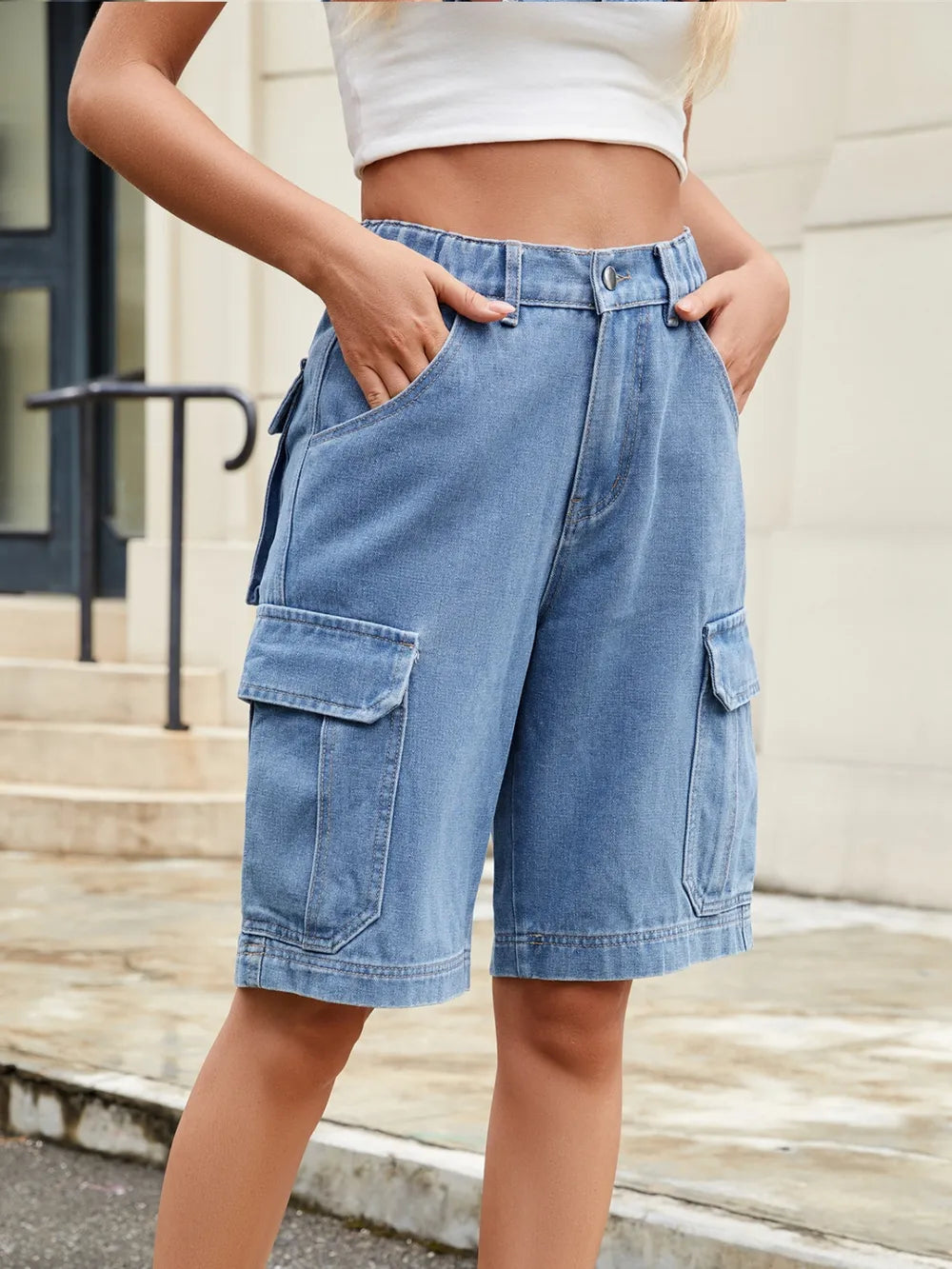 High Waist Denim Shorts with Pockets - Grace Beauty H&C 
