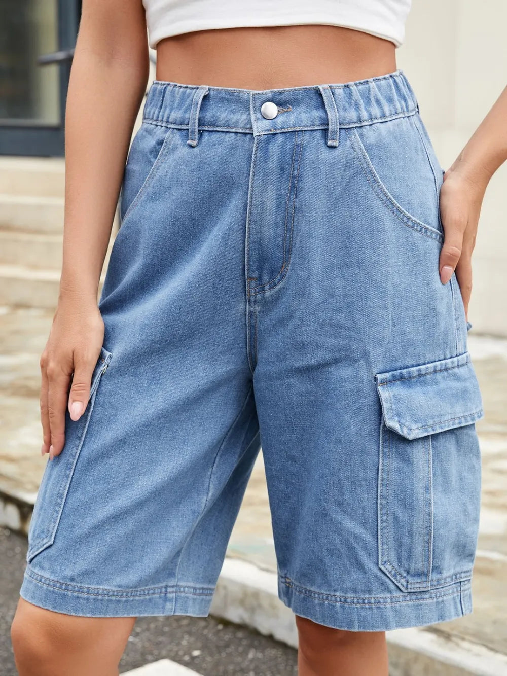 High Waist Denim Shorts with Pockets - Grace Beauty H&C 