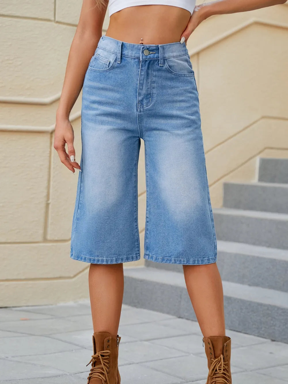 High Waist Denim Shorts with Pockets - Grace Beauty H&C 