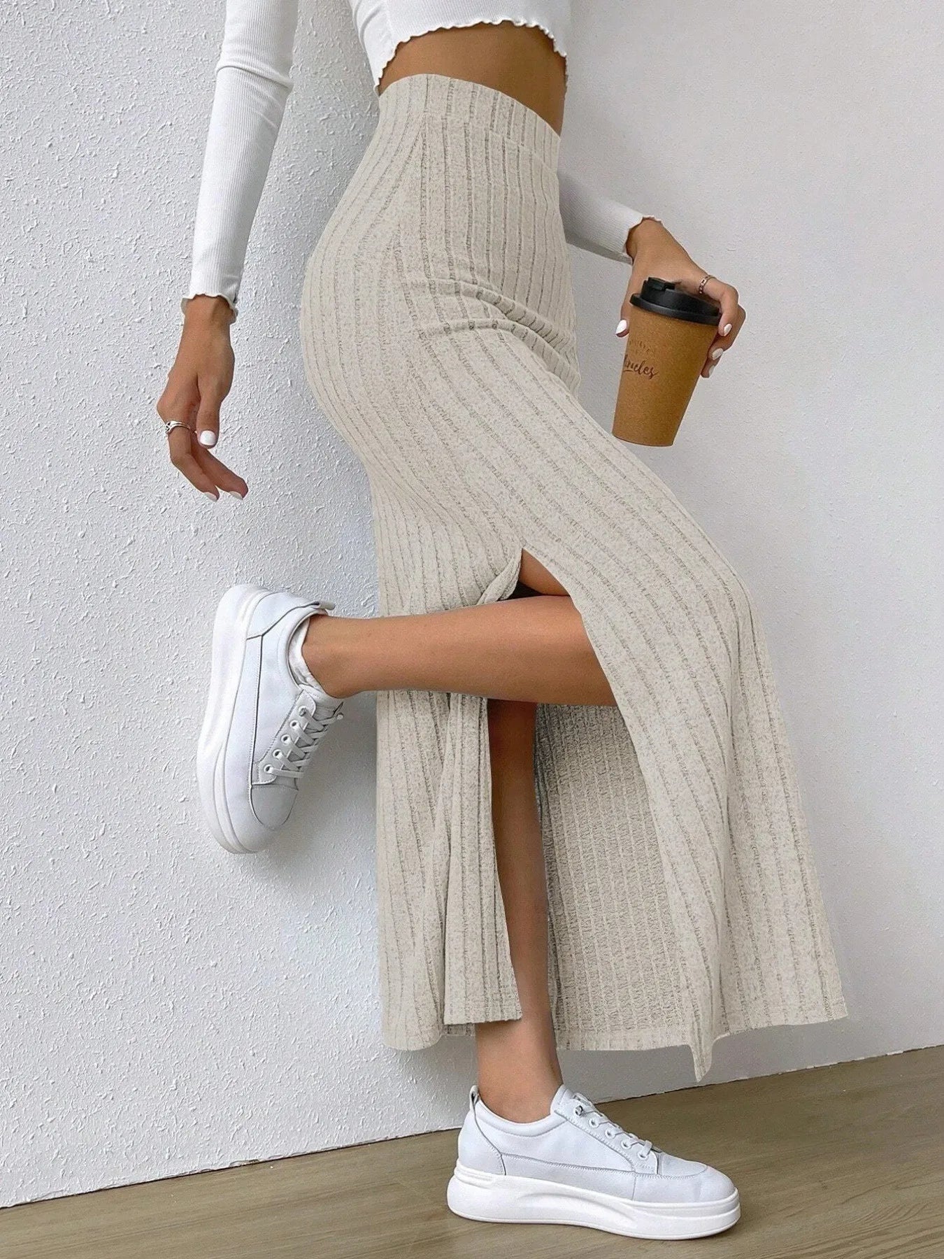 High Waist Ribbed Knit Maxi Skirt - Grace Beauty H&C 