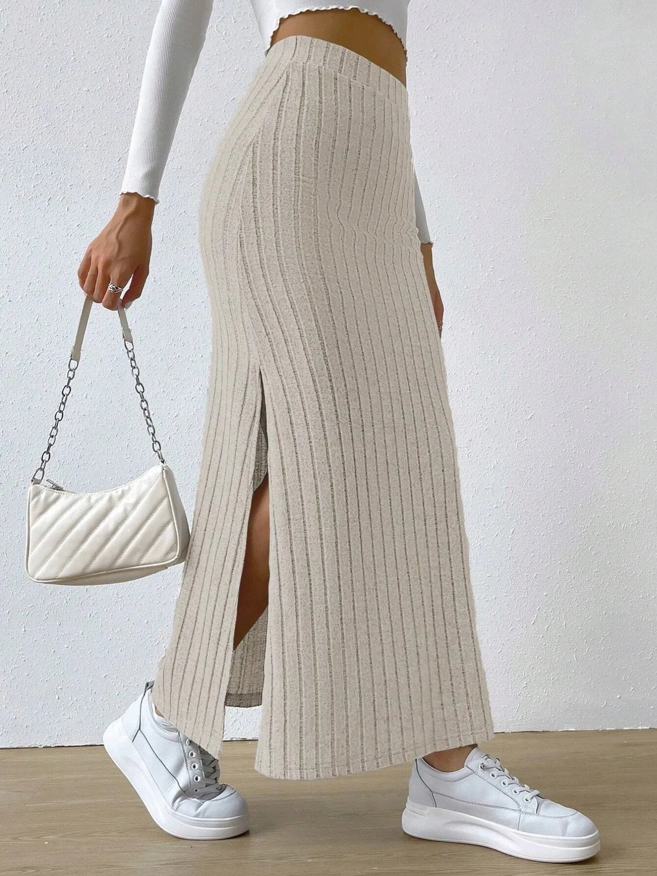 High Waist Ribbed Knit Maxi Skirt - Grace Beauty H&C 
