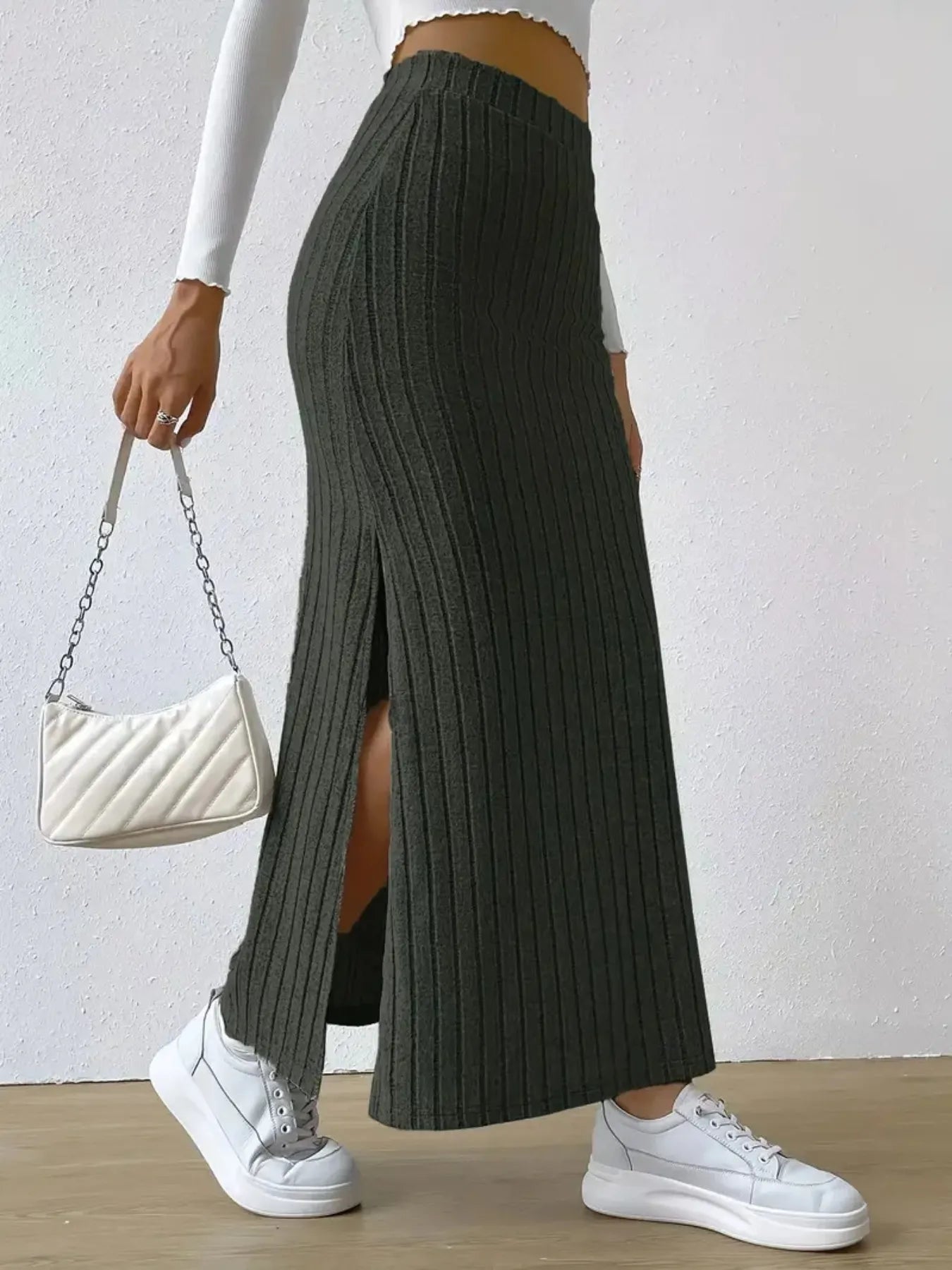 High Waist Ribbed Knit Maxi Skirt - Grace Beauty H&C 