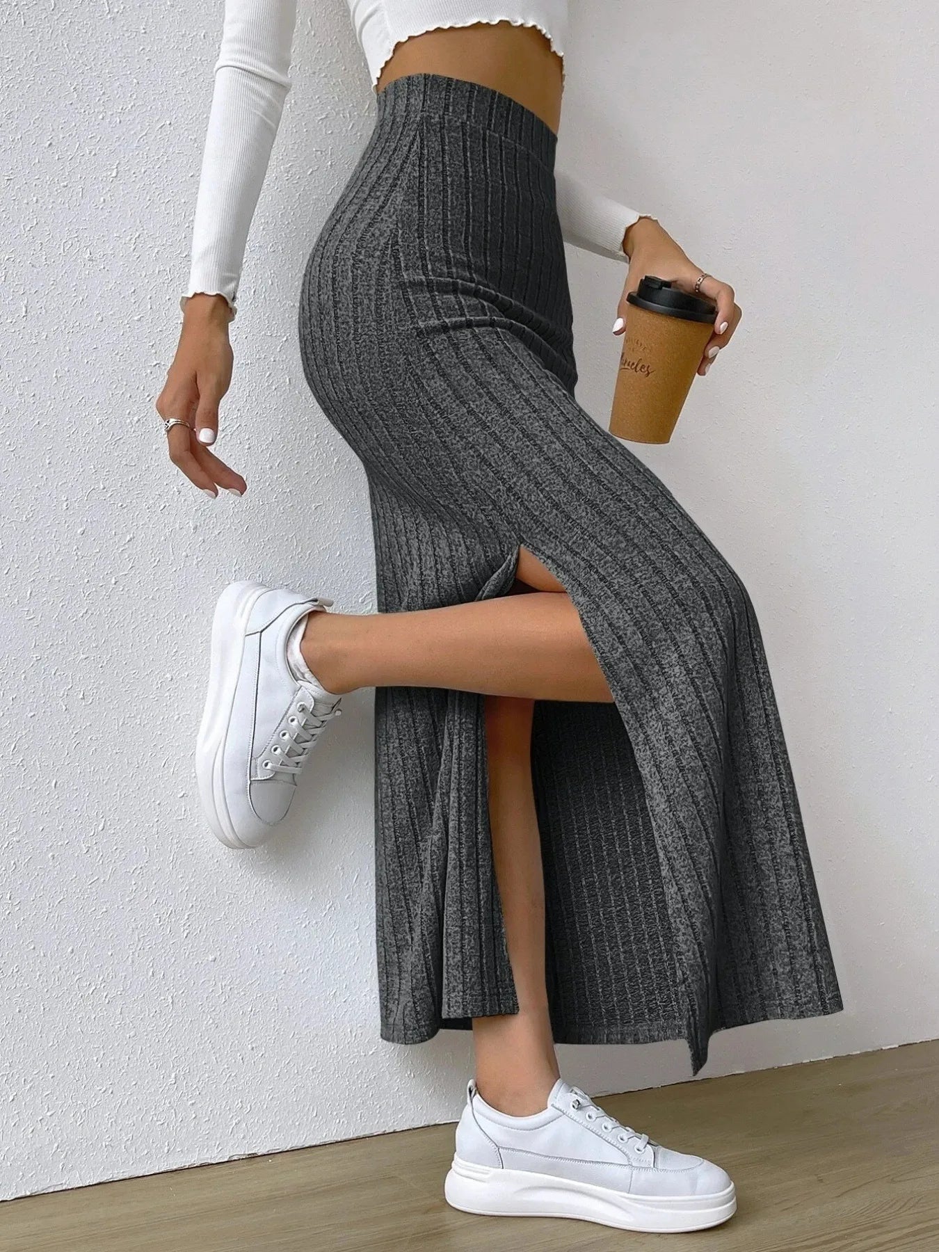 High Waist Ribbed Knit Maxi Skirt - Grace Beauty H&C 