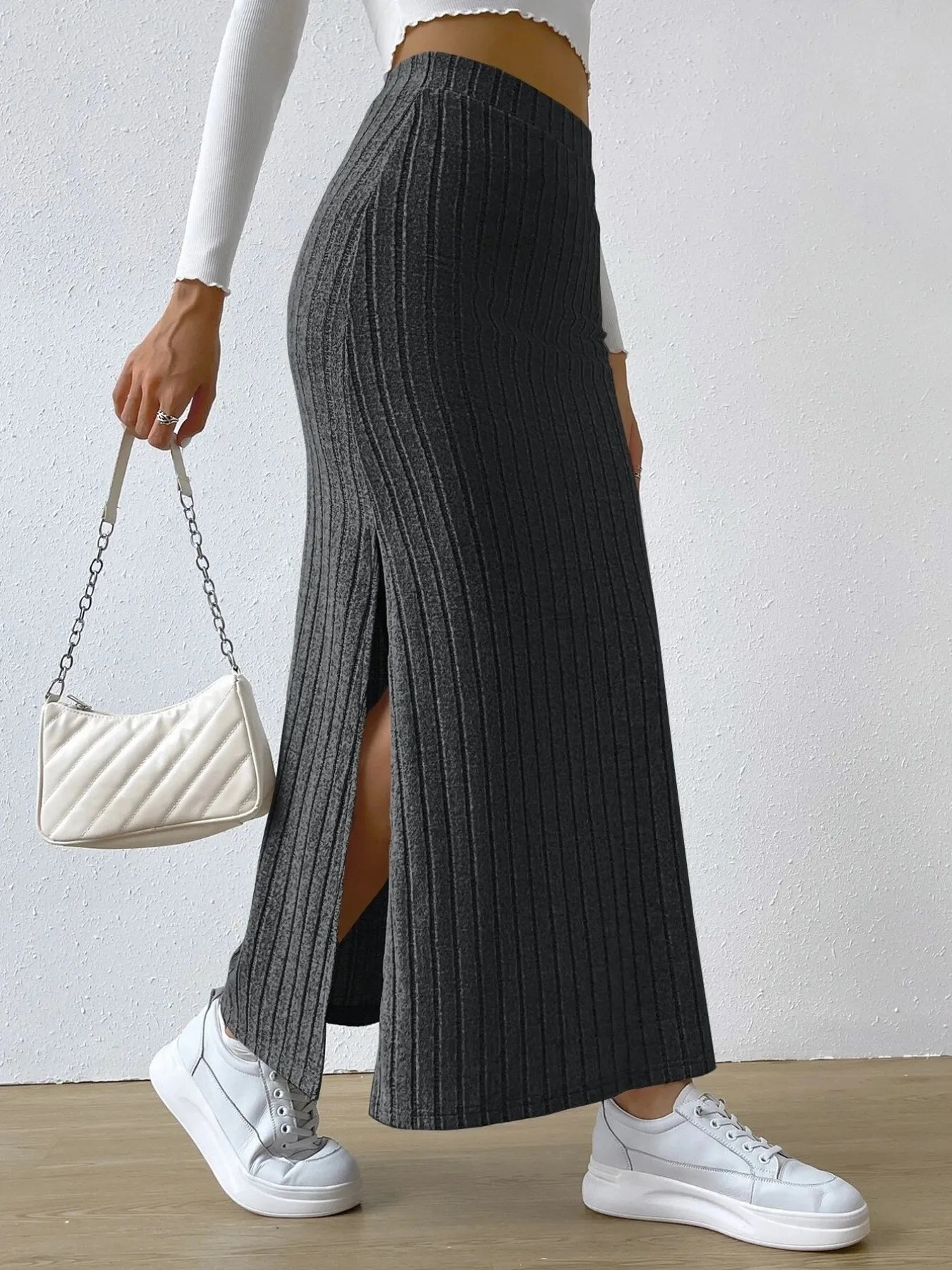 High Waist Ribbed Knit Maxi Skirt - Grace Beauty H&C 