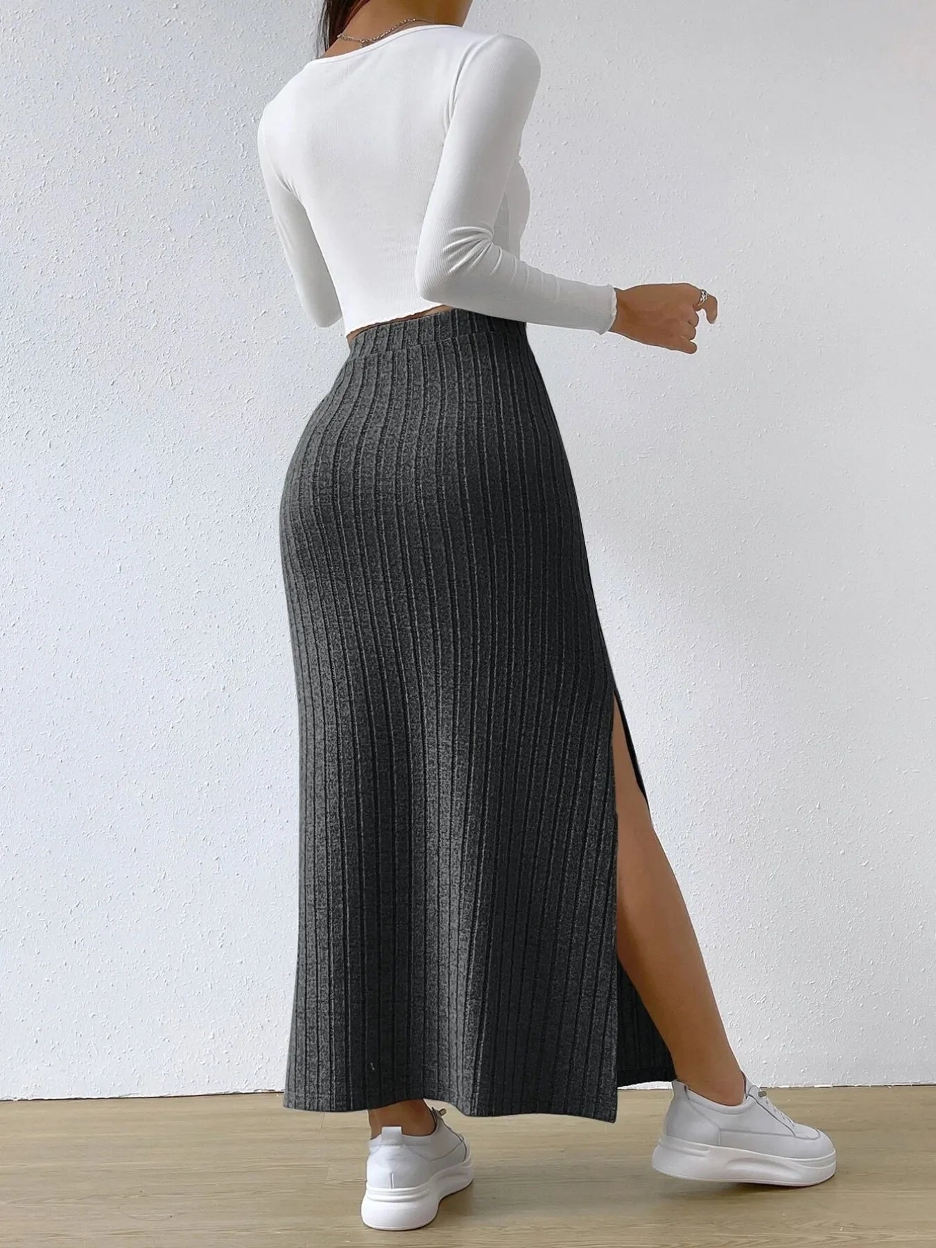 High Waist Ribbed Knit Maxi Skirt - Grace Beauty H&C 