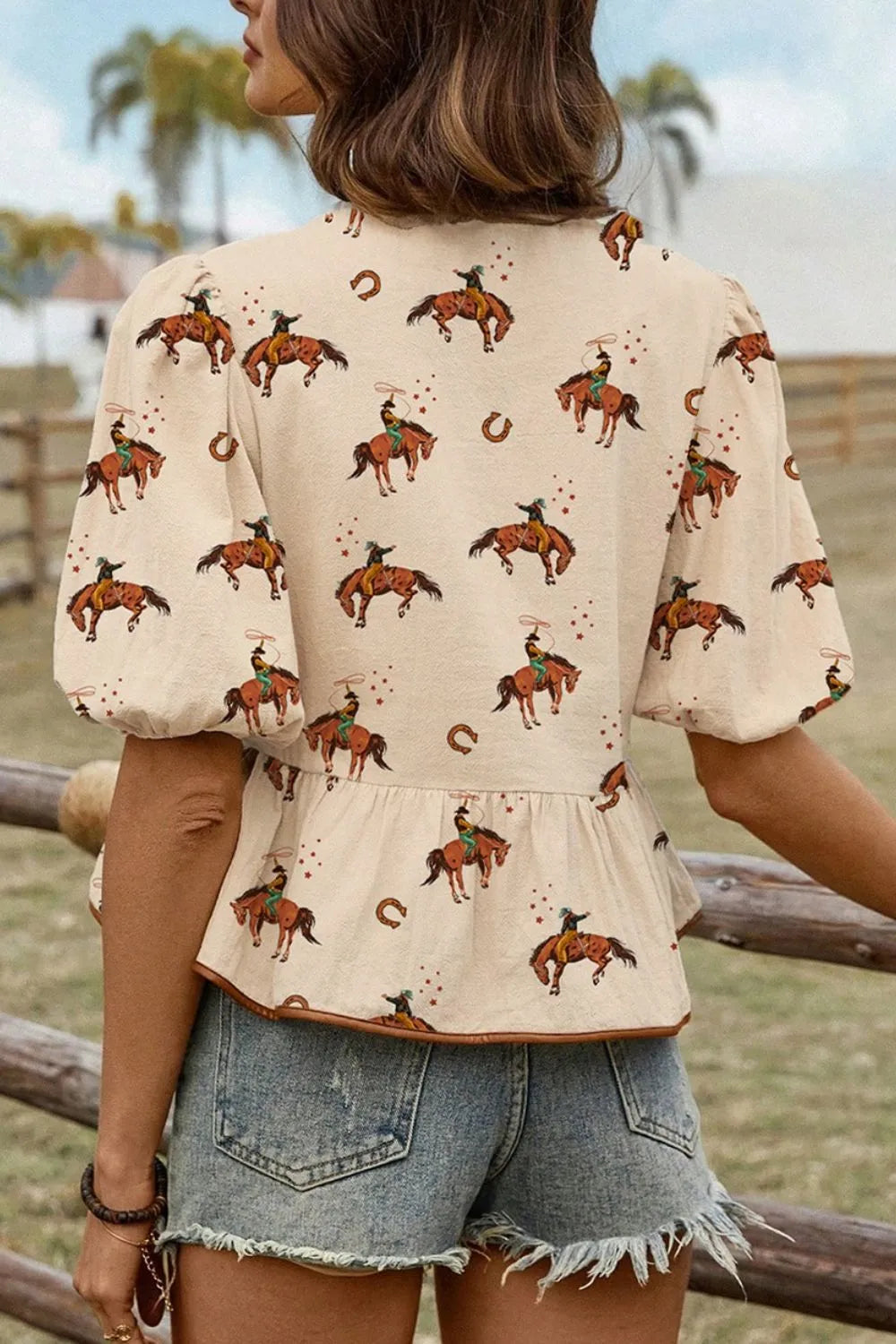 Horse Print Tie-Front Peplum Blouse - Grace Beauty H&C 