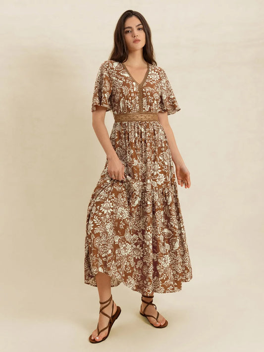 Lace Detail Printed Short Sleeve Midi Dress - Grace Beauty H&C 