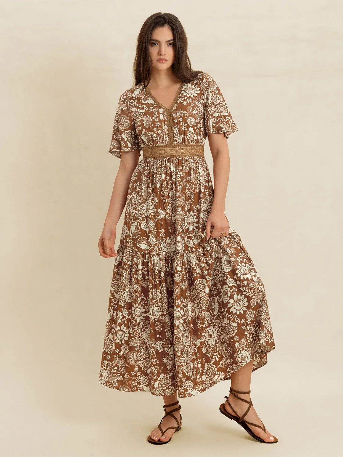 Lace Detail Printed Short Sleeve Midi Dress - Grace Beauty H&C 
