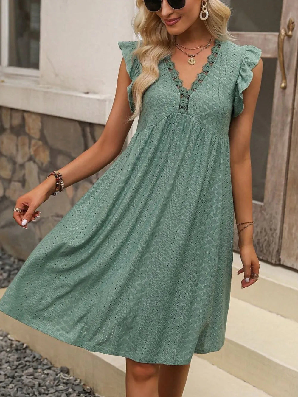 Lace Detail Ruffled Eyelet Mini Dress - Grace Beauty H&C 
