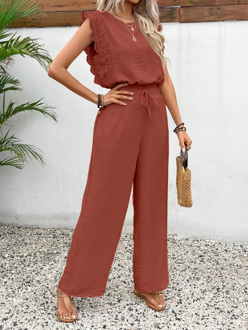 Lace Trim Round Neck Top and Pants Set - Grace Beauty H&C 