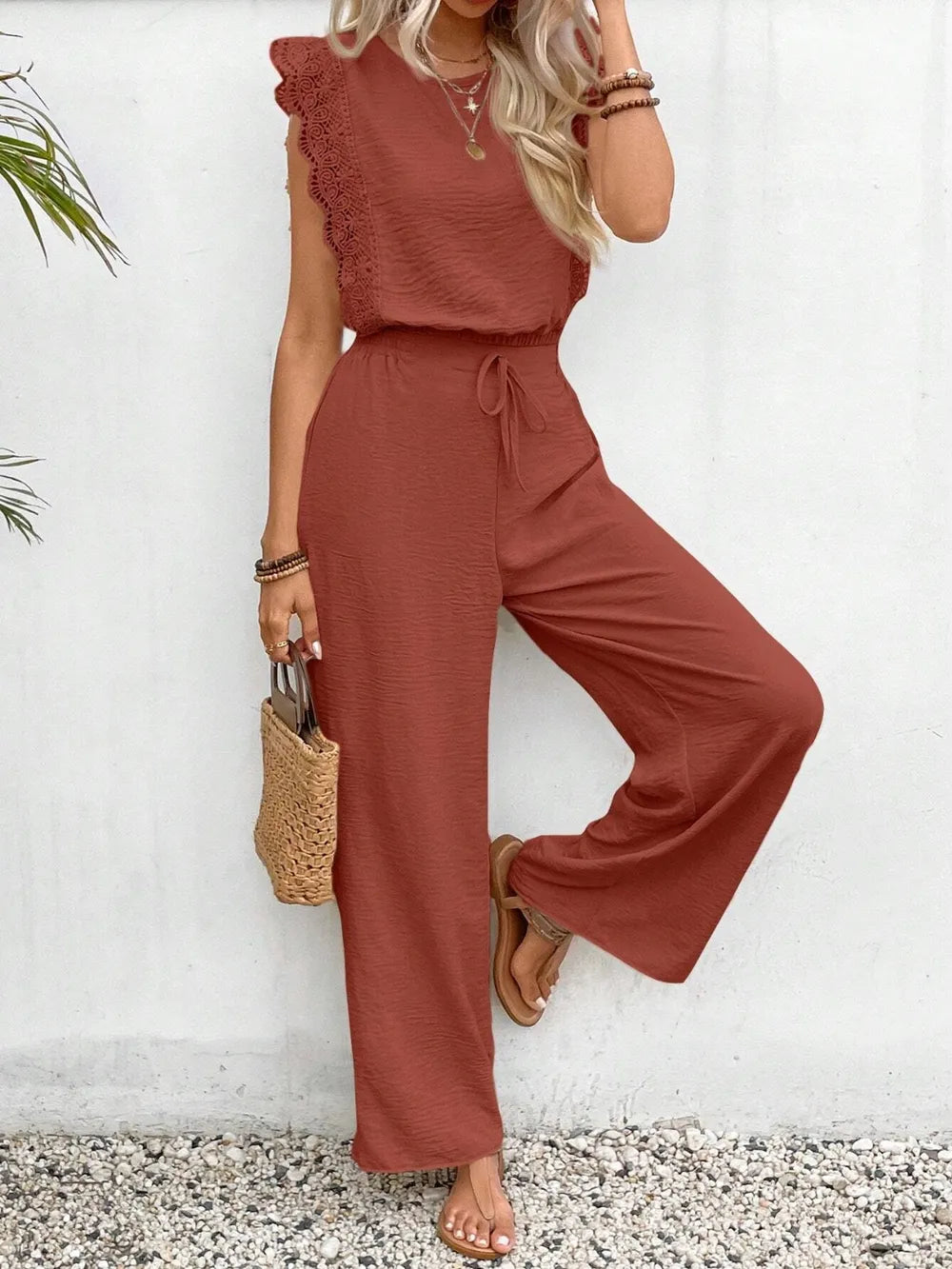 Lace Trim Round Neck Top and Pants Set - Grace Beauty H&C 