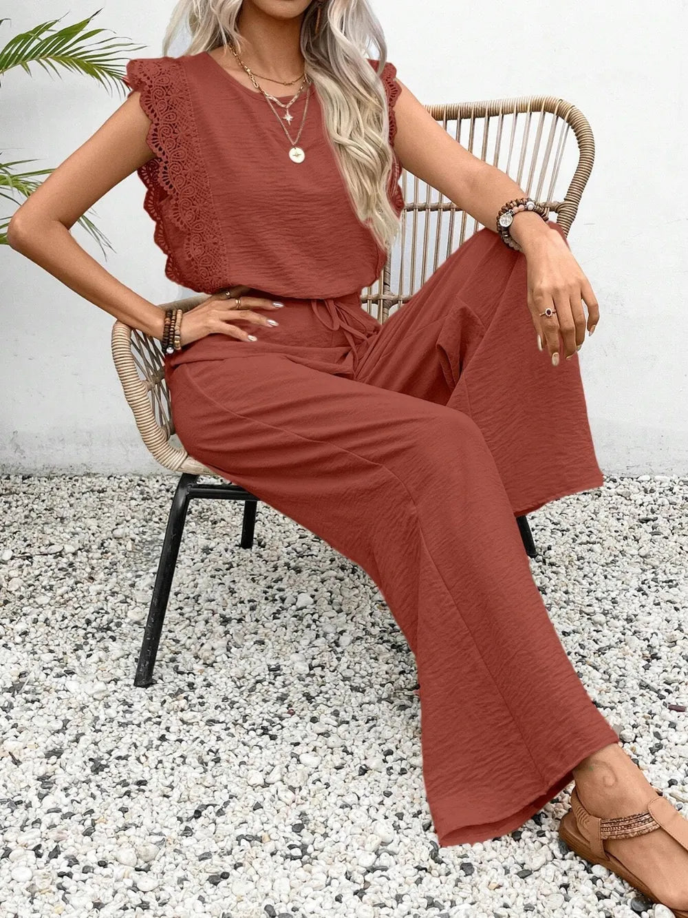 Lace Trim Round Neck Top and Pants Set - Grace Beauty H&C 