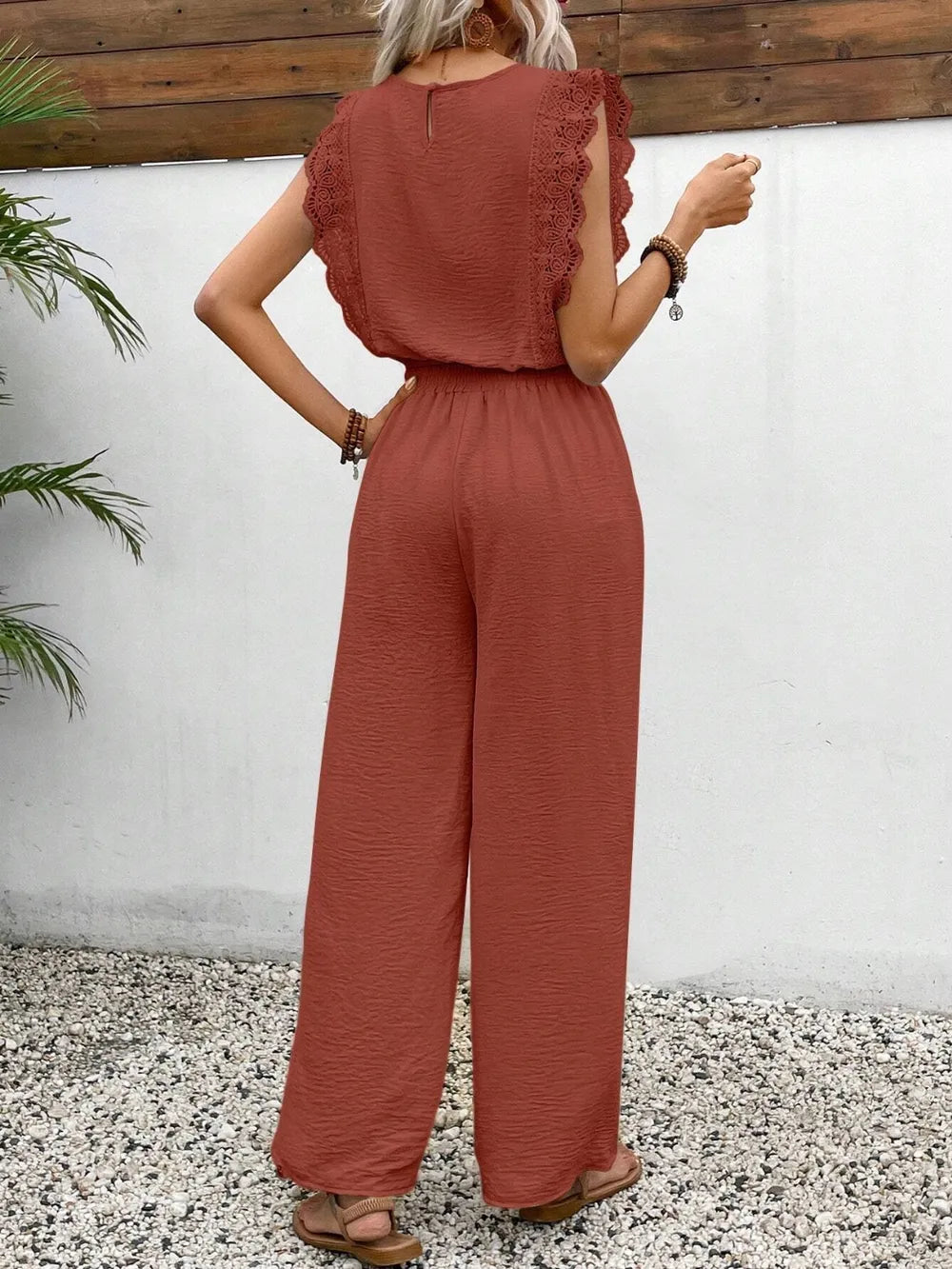 Lace Trim Round Neck Top and Pants Set - Grace Beauty H&C 