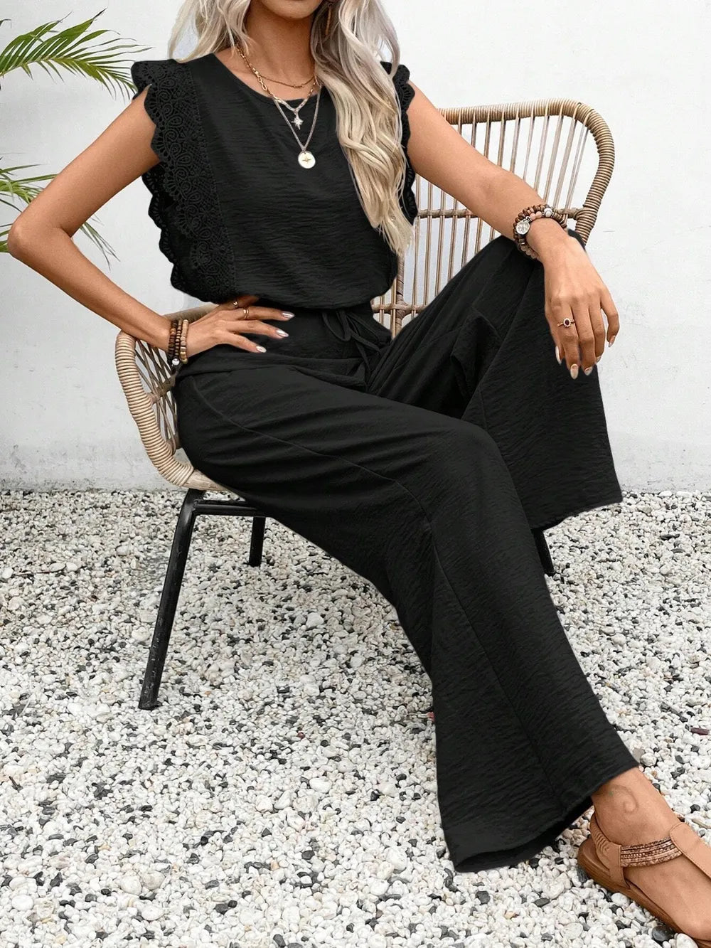 Lace Trim Round Neck Top and Pants Set - Grace Beauty H&C 