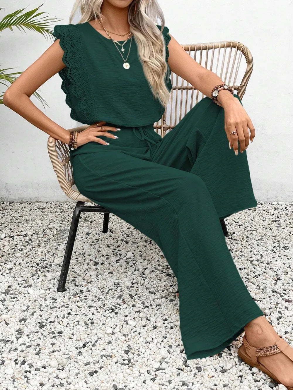 Lace Trim Round Neck Top and Pants Set - Grace Beauty H&C 