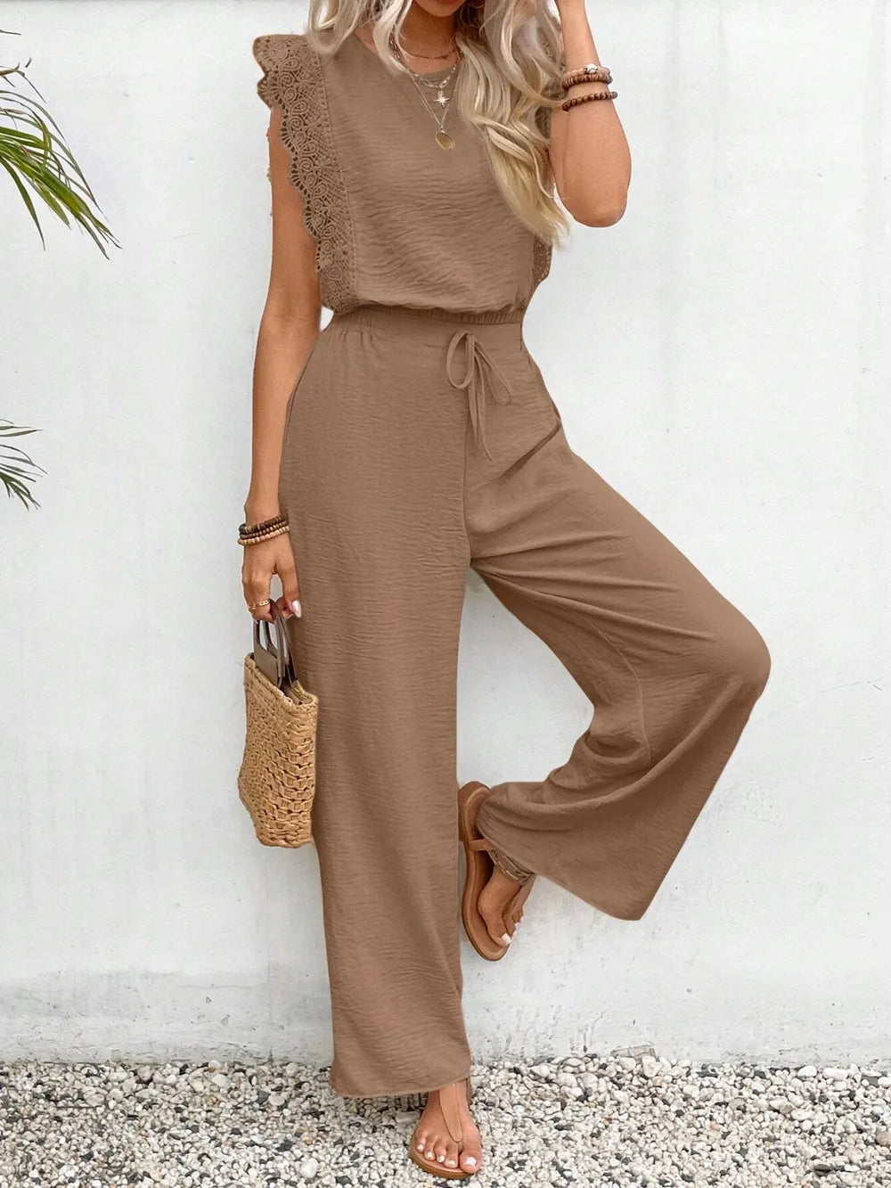 Lace Trim Round Neck Top and Pants Set - Grace Beauty H&C 