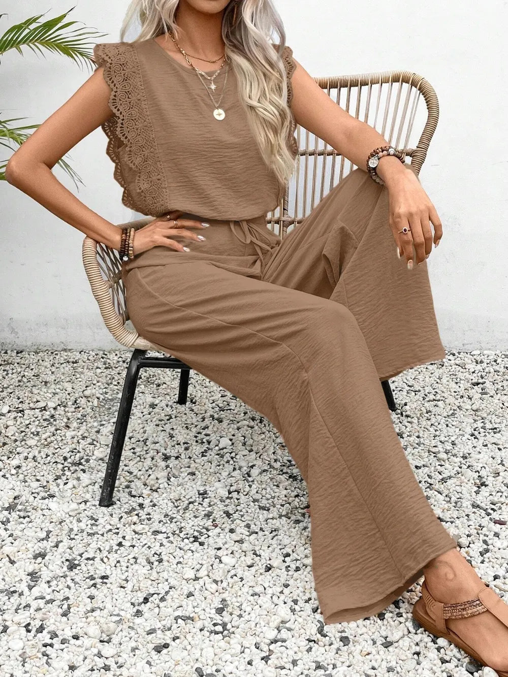 Lace Trim Round Neck Top and Pants Set - Grace Beauty H&C 