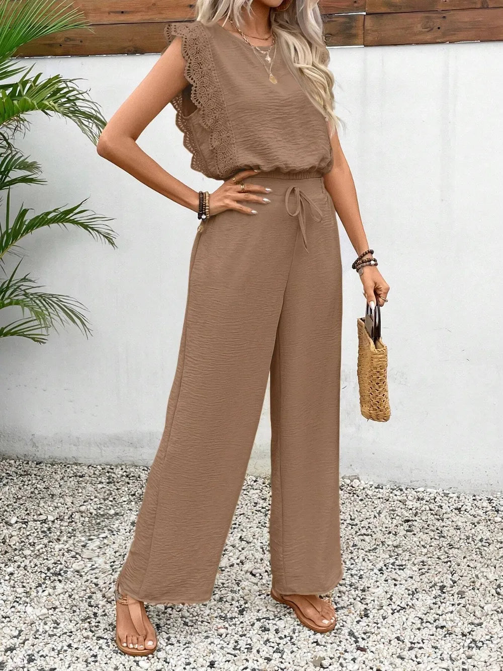 Lace Trim Round Neck Top and Pants Set - Grace Beauty H&C 