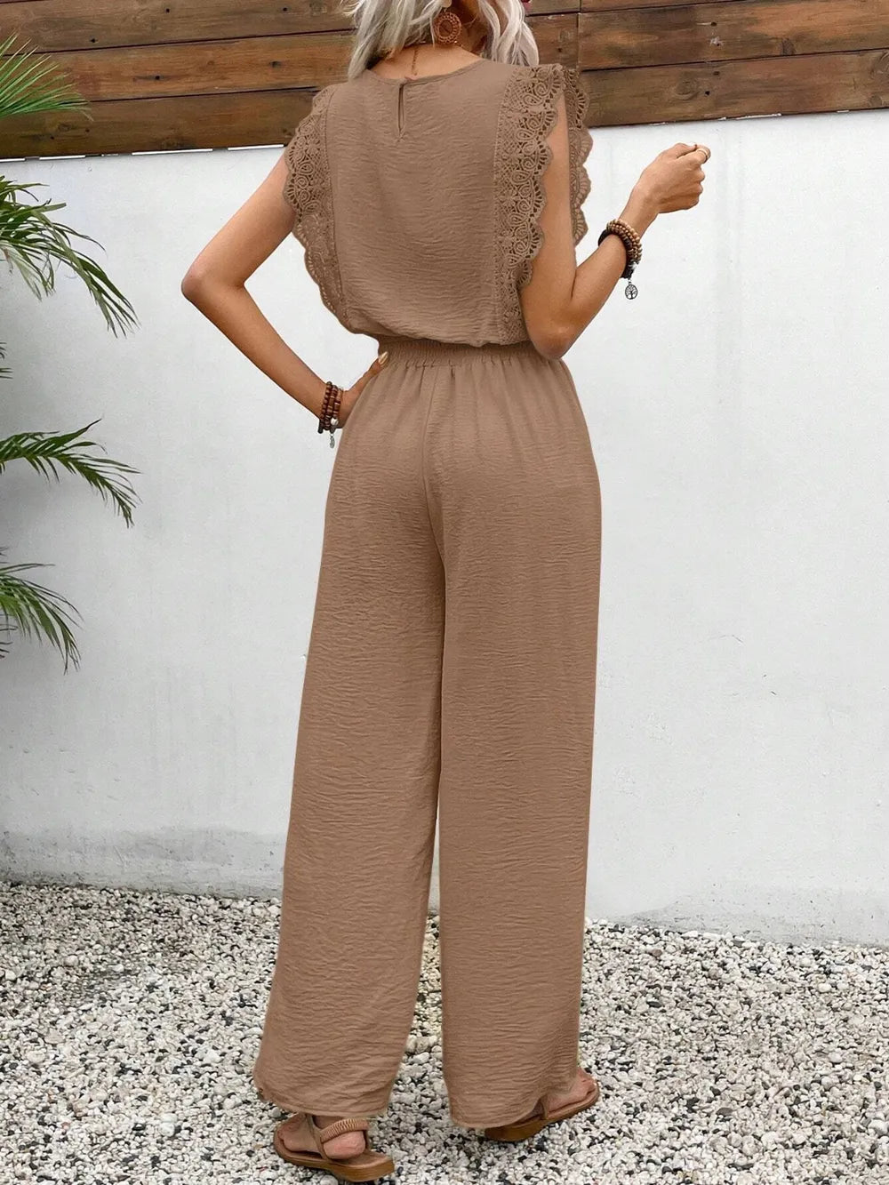 Lace Trim Round Neck Top and Pants Set - Grace Beauty H&C 