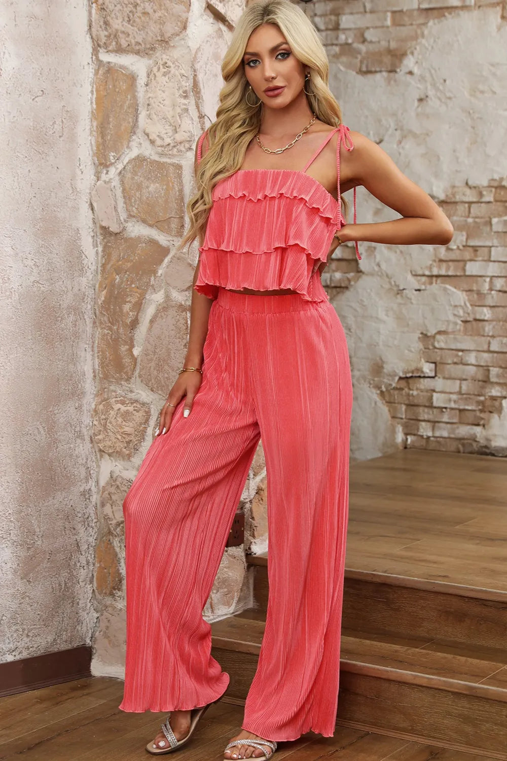 Layered Tie Shoulder Top and Wide Leg Pants Set - Grace Beauty H&C 