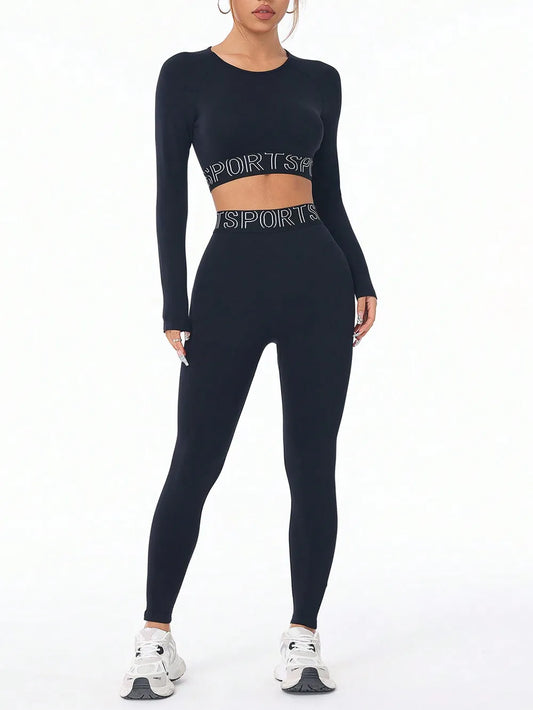 Letter Print Round Neck Long Sleeve Top and Leggings Active Set - Grace Beauty H&C 