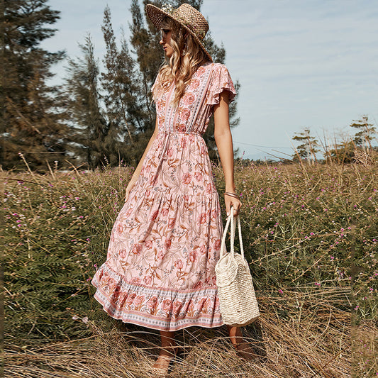 Lotus leaf printed women's dress - Grace Beauty H&C 