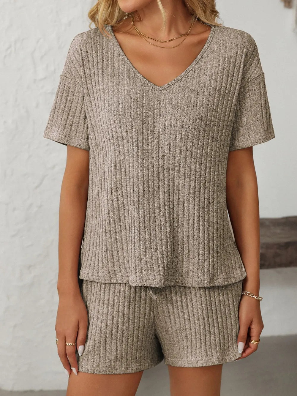 Mandy Women’s V-Neck Short Sleeve Top & Shorts Set – Casual Loungewear - Grace Beauty H&C 