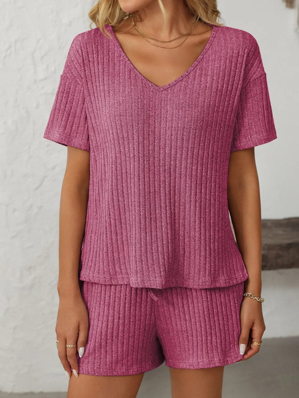 Mandy Women’s V-Neck Short Sleeve Top & Shorts Set – Casual Loungewear - Grace Beauty H&C 