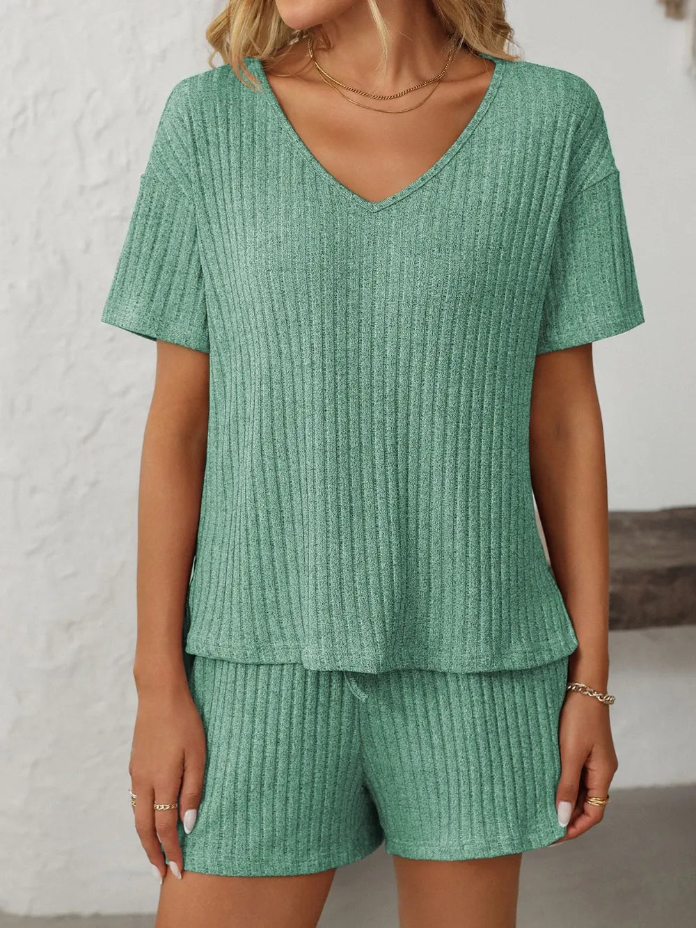 Mandy Women’s V-Neck Short Sleeve Top & Shorts Set – Casual Loungewear - Grace Beauty H&C 