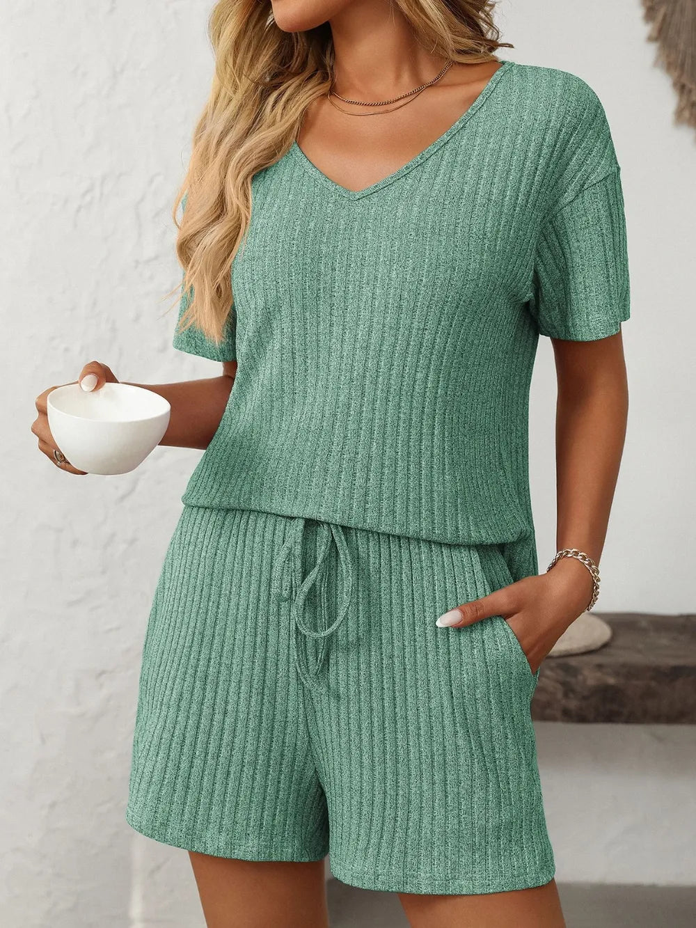 Mandy Women’s V-Neck Short Sleeve Top & Shorts Set – Casual Loungewear - Grace Beauty H&C 